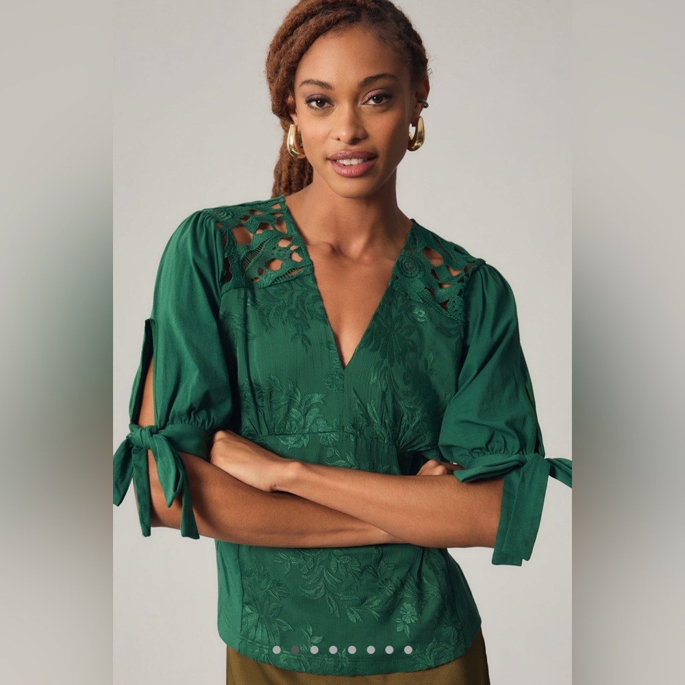 Anthropologie Tiny Ophelia Embroidered Top Emerald Green L